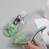 Murioki-Size 34-46 Summer Party Slippers Fashion Green Rhinestone Bow Heels Sandals Women Square Open Toe PVC Transparent Shoes Slides