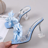 Murioki-2024 New Fashion Crystal Bow High Heels Slippers Shoes Woman Sexy PVC Transparent Sandals Women Slides Open Toe Pumps Blue Black