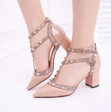 Rivet Pumps Women 2023 New pointed patent leather rivet buckle sandals thick with heel wild thin women's shoes Party Shoes