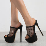 Murioki-2024 New Peep Toe Platform Heels Black Mesh Slippers Summer Sandals Fashion Slip On Slides Women Mule Party Stripper Shoes