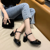 Murioki-New Baotou Back Empty Sandals Patent Leather Square Head High Heels Mary Jane Square Buckle Sandals Fashion Thick Heels Women's