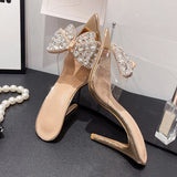 Murioki-Summer Golden Silver High Heels Slippers Sexy Street Woman Crystal Bowknot Pointed Toe Dress Shoes PVC Transparent Sandals