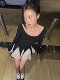 Murioki-Lace Up High Waist Dress For Women Folds Splice Bodycon Mini Dress Hot Girls Street Slim See Through Dresses Woman Autumn