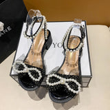 Murioki-Pearl Bow Lace Mid-heel Chunky Summer One-line Buckle All-in-one High Heels Female Fairy Sandals