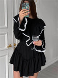 Murioki-Lace Splice Folds Mini Dress For Women 2023 Autumn Slim Black Women's Dresses Streetwear Temperament Vestido De Mujer New