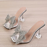 Murioki-2024 New Transparent Slippers For Women Fashion Silver Crystal Bowknot High Heels Female Mules Slides Summer Sandals Shoes