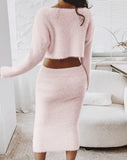 Murioki-Womens Two Piece Sets Outfit Sexy Skew Neck Fuzzy Knit Sweater & Skirt Set Autumn Winter Spring New Fashion Casual Suit