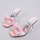 Murioki-2024 New Style Pink Women Slippers Sandals Fashion Pearl Bowknot High Heels PVC Transparent Shoes Summer Mule Slides Pumps