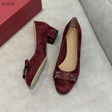 Murioki-autumn new leather sheepskin suede single shoes bow thick with elegant women's single shoes metal buckle