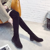 Murioki-Faux Suede Female Heels Autumn Zipper Elastic Knee-high Boots for Women Tube Lace-up Thigh Gigh Boots Black Botas Mujer