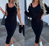 Murioki-Sexy Womens Two Piece Sets Outfit Sleeveless Dress+Deep V-Neck Sweater Set Autumn Winter Spring Fashion Casual Female