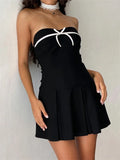 Murioki-Women's Bow Tube Top Dress Strapless Bodycon Pleated Mini Dress Summer Gothic Club Casual Y2K Dresses 2024 Summer Streetwear
