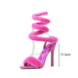Murioki-Ins style Furry fur Serpentine winding Women Sandals Sexy Ankle strap High heels Gladiator sandals Summer Female Pary Prom Shoes