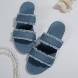 Murioki Blue Flat Denim Slider Sandals for Women Summer Round Toe Beach Slippers Female Outdoor Slip-on Flats Sandals Shoes for Women