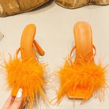 Murioki-Summer Fashion Yellow Fluffy Furry Women Slippers Mules High Heels Slides Female Gladiator Sandals Party Banquet Shoes