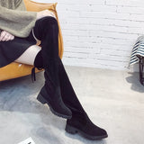 Murioki-Faux Suede Female Heels Autumn Zipper Elastic Knee-high Boots for Women Tube Lace-up Thigh Gigh Boots Black Botas Mujer