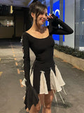 Murioki-Lace Up High Waist Dress For Women Folds Splice Bodycon Mini Dress Hot Girls Street Slim See Through Dresses Woman Autumn