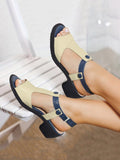 Murioki-Elegant Color Block Button Decor T-strap Chunky Heel Sandals