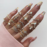 Christmas Gift 17Pcs/Set Bohemian Geometric Crystal Joint Ring Vintage Female Alloy Ring Opal Gold Ring Set Fashion  Jewelry Gift