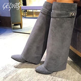 Luxury Shark Boots Slip-on Genuine Leather Women Knee-high Boots Pointed Toe High Heel Wedge Designer Shoes Botas Femininas 2022