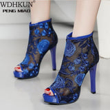 Sexy Fashion Mesh Sandals Boots Woman High Heels Lace Boots Women Summer Shoes Embroidery Flower Peep Toe Black Female 2021
