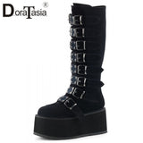 Brand Design Female Gothic Cosplay Wedges High Heels Women Boots Fashion Metal Buckle Platform Knee High Boots Punk Shoes Woman