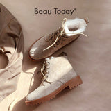 BeauToday Wool Snow Boots Women Genuine Leather Round Toe Lace-Up Platform Winter Ladies Ankle Length Shoes Handmade 03281
