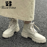 RIZABINA Real Leather Women Shoes Ankle Boots For Winter Thick Heels Fashion Short Boot Outdoor Cool Ladies Footwear Size 34-40