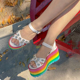 Rainbow Platform Sandals Women Summer Rhinestone Studded Sandals Thick Bottom Colorful Sole Wedge Shoe Female Peep Toe Sandalias