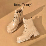 BeauToday Ankle Boots Platform Women Synthetic Leather Side Zipper Lace-Up Ladies Translucent Sole Winter Shoes Handmade 03590