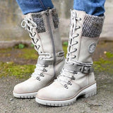 Murioki Women Winter Buckle Lace Knitted Mid-calf Boots Low Heel Round Toe Boots Top Quality Winter Warm Boots Women Botas De Mujer