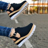 Women's Sandals Vintage Wedge Shoes Woman Buckle Strap Straw Thick Bottom Flats Platform Sandals Flock Female Shoes Summer 2021
