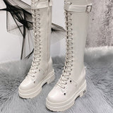 MURIOKI Female Motorcycle Boots For Women Autumn Lace Up Internal Increae Platform Wedges Knee High Med Calf women's Shoes 2023  Winter