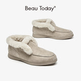 BeauToday Ankle Boots Women Cow Suede Leather Snow Boots Round Toe Warm Wool Slip-on Ladies Winter Fur Shoes Handmade  08203