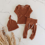 Murioki Autumn Winter Waffle Baby Outfit Neutral Baby Girls Boys Long Sleeve Clothes Pant Beanies Soft Home Outfit Ropa Bebe 3pcs/set1014