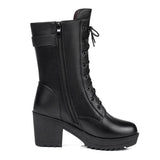 Women's Winter Boots High Heels Black Leather Booties Velvet Fur Boots Warm Square Heel Shoes Mid Calf Botas 34-41 Size