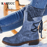 MURIOKI Women Winter Mid-Calf Boots Flock Winter Shoes Ladies Fashion Snow Boots Shoes Thigh High Suede Warm Botas Zapatos De Mujer