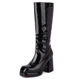Murioki Platform Women‘S High Knee Boots Autumn Winter Patent Leather Knee High Boots Women Waterproof Heel White Red Party Fetish Shoes