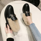 Metal Chains Leather Flats Winter Loafers Women Shoes Winter Warm Mules Celebrity Fur Flat Creepers Soft Heel Moccasins Mujer