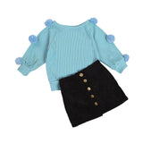 Christmas Gift 2-7Years Autumn Winter Clothes Toddler Baby Girls 2pcs Outfits Hairball Knit Tops+Button Mini Skirt Warm Outfits Sets Clothes