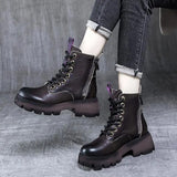 Pofulove Goth Boots Women Shoes Platform Boots Leather Boots Botas for Women Black Brown Short Booties Fashion Vintage Lace Up