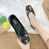 MURIOKI Glitter crystal pearl studs ballet shoes women square toe slip on loafers cozy shallow cut-out ballerina flats moccasins female