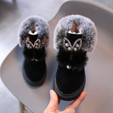 Girls Snow Boots Kids Ankle Boots Sweet Cute Rabbit Ear Crystal Fluffy Smooth Fur Hairy Warm Thick Cotton Children Winter Boots