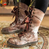 MURIOKI Female Motorcycle Boots For Women Lace Up Med Calf Ankle Short Boots Winter Fashion Comfy Flat Heel Shoe Brand New 2022 On Sale