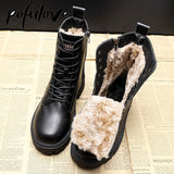Pofulove Winter Boots Women Shoes Black Leather Boots Fur Ankle Booties Velvet Plush Warm Platform Shoes Fashion Designer Botas