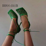 Graduation Dress New Sexy Green Mesh Women Pumps Sandals Female Square Toe high heels Lace Up Cross-tied Stiletto hollow Party Shoes Woman