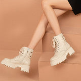 BeauToday Platform Ankle Boots Women Cow Leather Round Toe Lace-Up Side Zipper Punk Style Female Chunky Sole Shoes 04434