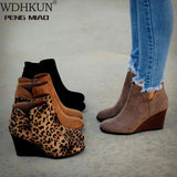 Pointed Toe Booties Winter Women Leopard Ankle Boots Footwear Platform High Heels Wedges Shoes Woman Bota Feminina