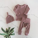 Autumn Winter Waffle Baby Outfit Neutral Baby Girls Boys Long Sleeve Clothes Pant Beanies Soft Home Outfit Ropa Bebe 3pcs/set