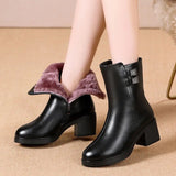 Pofulove Winter Boots Women Furry Heels Warm Black Leather Boots Mid-calf Square Heel Zipper Boots Snow Botas Fashion